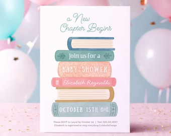 A New Chapter Begins Baby Shower Invitation, Book Theme Shower, Editable Canva Template