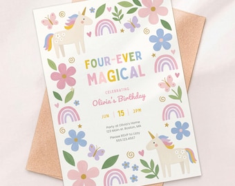 Four Ever Magical Invite | Unicorn 4th Birthday Invitation | Rainbow Editable Digital Download 5X7 | UR4
