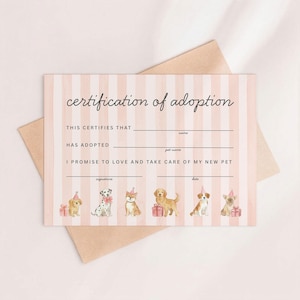 May include: A pink and white striped adoption certificate with the words "certification of adoption" at the top. The certificate has spaces to fill in the pet's name and the adopter's signature. Cute dog illustrations decorate the bottom.
