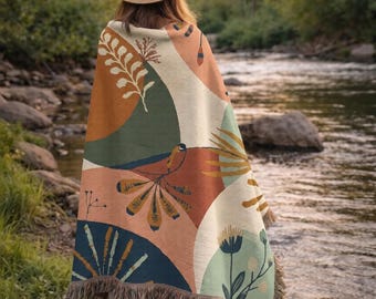 Manta tejida con motivos botánicos abstractos / Decoración floral moderna de mediados de siglo para sofá