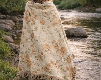 Manta tejida con flores vintage o tapiz, estampado floral cottagecore