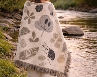 Manta tejida con estampado floral neutro de hojas/manta botánica, jacquard reversible