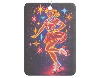 Retro Diner Air Freshener | Neon Roller Skate Waitress Sign, Vintage Americana Car Freshener