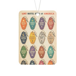 Vintage Motel Key Air Freshener | Americana Road Trip Souvenir, Black Ice, New Car, Pine image 1