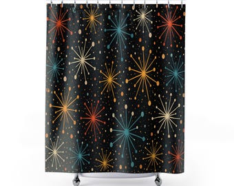 Retro Style Atomic Starburst Nachthimmel Duschvorhang | Mid Century Modern Space Muster