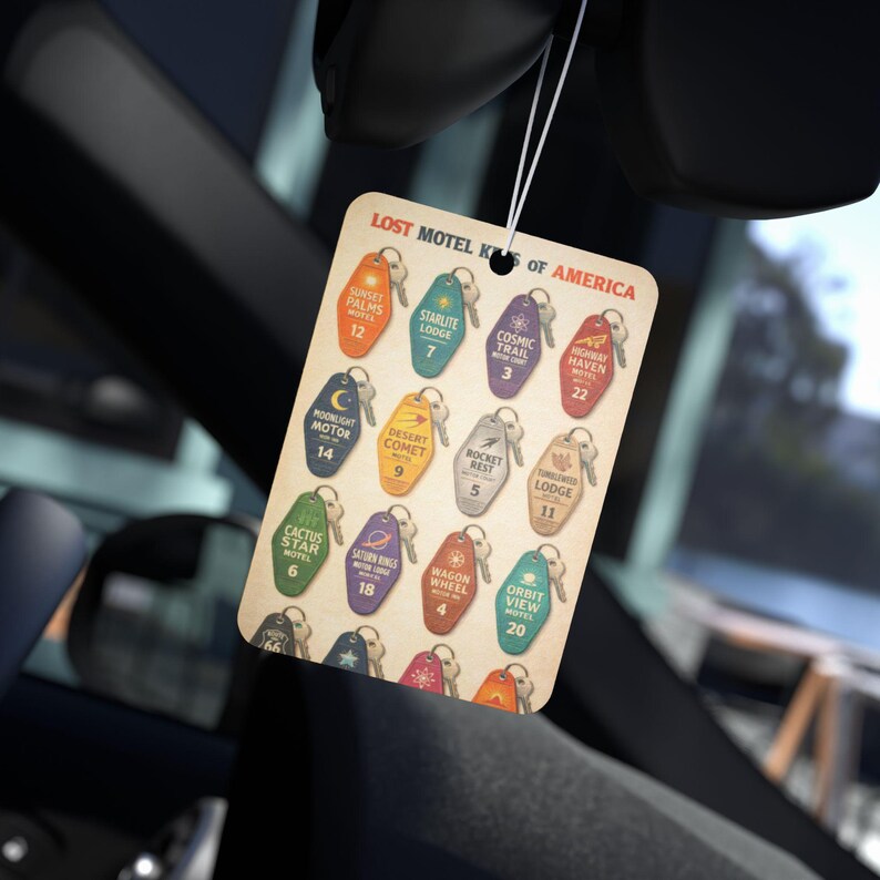 Vintage Motel Key Air Freshener | Americana Road Trip Souvenir, Black Ice, New Car, Pine image 4