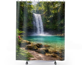 Tropischer Wasserfall ruhige Szene Duschvorhang | Ruhiger botanischer Badezimmer-Dekor