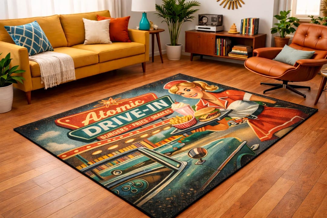 Retro Dining Rug Atomic Drive-in Diner Rug | Retro 1950s Kitchen Mat | Mid Century ...