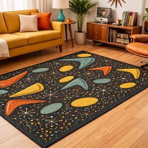Atomic boemerangtapijt: modern retro starburst-tapijt uit het midden van de eeuw (55 x 35 inch)