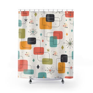 May include: A retro-style shower curtain featuring a repeating pattern of colorful geometric shapes. The design includes orange, red, green, and teal rectangles, connected by black lines, with diamond and starburst accents on a cream background.