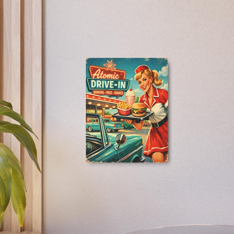 Atomic Drive-in Metal Sign: Retro 50s Diner Wall Decor, Burgers, Fries ...