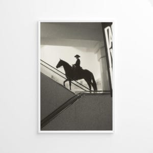 Può includere: Stampa in bianco e nero incorniciata di una persona a cavallo su una scala mobile. La silhouette del cavaliere e del cavallo è visibile su uno sfondo luminoso. La stampa è in una cornice bianca.