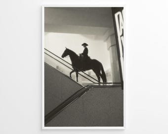 Può includere: Stampa in bianco e nero incorniciata di una persona a cavallo su una scala mobile. La silhouette del cavaliere e del cavallo è visibile su uno sfondo luminoso. La stampa è in una cornice bianca.