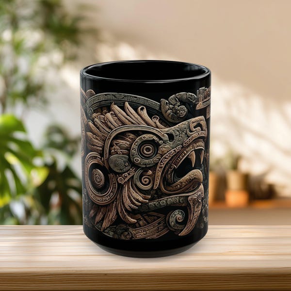 Aztec Quetzalcoatl Stone Carving | Black Ceramic Mug