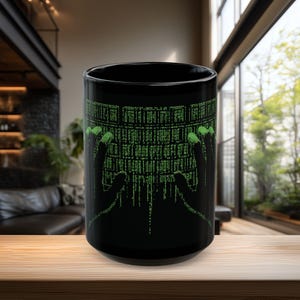 Hacker Hands Matrix Code | Black Ceramic Mug