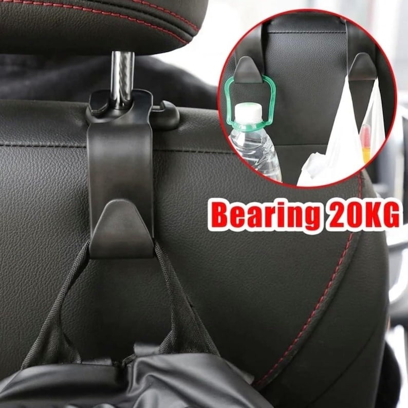 May include: Black car seat headrest hook with a silver metal post. The hook is holding a black bag. A close-up shows a green plastic hook holding a water bottle. The text "Bearing 20KG" is visible.