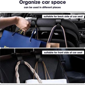 May include: Black car seat hooks holding shopping bags. The image shows the hooks installed on the front and back of car seats. Text on the image reads "Organise car space" and "can be used in different places."