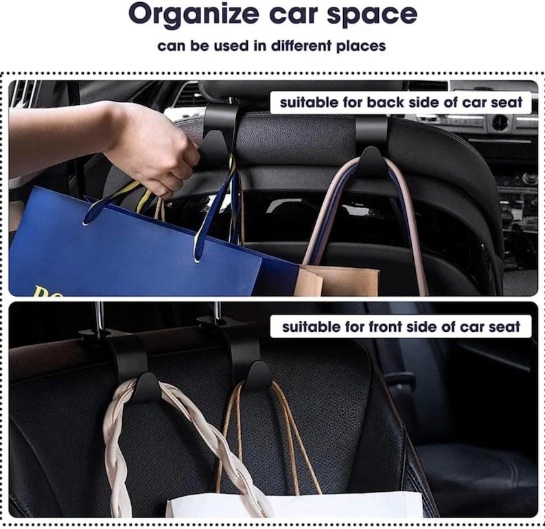 May include: Black car seat hooks holding shopping bags. The image shows the hooks installed on the front and back of car seats. Text on the image reads "Organise car space" and "can be used in different places."
