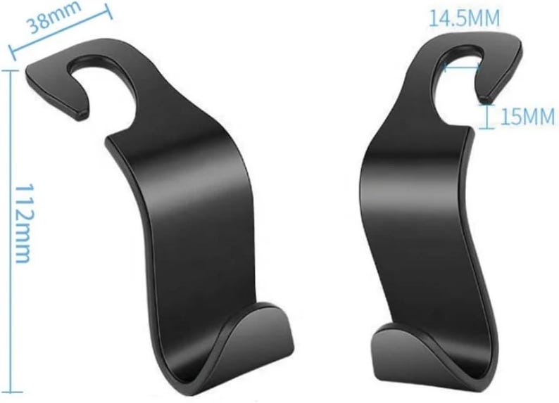 May include: Two black car seat hooks. Each hook is 11.2cm tall, 3.8cm wide at the top, and 1.45cm wide at the hook opening. The hook opening is 1.5cm. The hooks have a curved design.