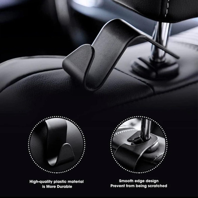 May include: Black car seat headrest hook. The hook is made of high-quality plastic material and has a smooth edge design. The text in the image says "High-quality plastic material is More Durable" and "Smooth edge design Prevent from being scratched."