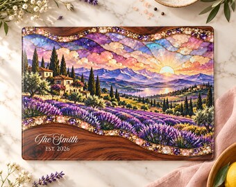 Personalized Lavender Landscape Glass Cutting Board, Custom Family or Couple Name, Wedding Anniversary Gift for Mom Grandma