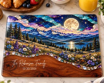 Personalized Moonlit Mountain Lake Glass Cutting Board, Custom Family or Couple Name, Wedding Anniversary Housewarming Gift