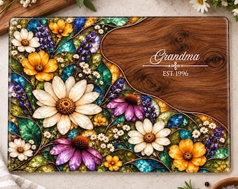 Personalized Grandma Glass Cutting Board, Stained Glass Floral Design, Custom Nana Gigi Mom Gift, Mother’s Day Birthday Christmas Gift