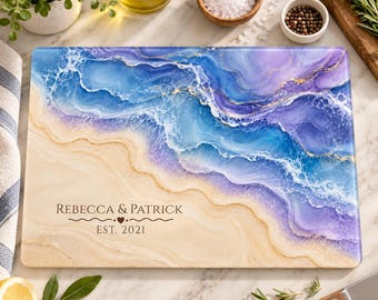 Personalized Blue Purple Geode Glass Cutting Board, Custom Couple Names & Est Year, Wedding Anniversary Bridal Shower Gift