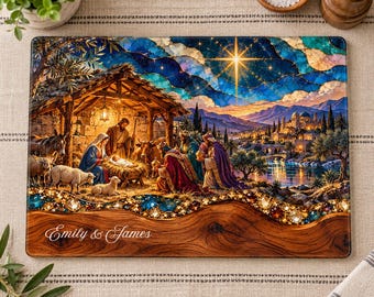 Personalized Nativity Glass Cutting Board, Christian Christmas Gift, Custom Family or Couple Name, Gift for Mom Grandma