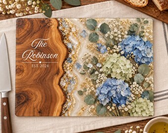 Personalized Blue Hydrangea Glass Cutting Board, Custom Family Name & Est Year, Housewarming New Home Wedding Gift, Floral Agate Decor