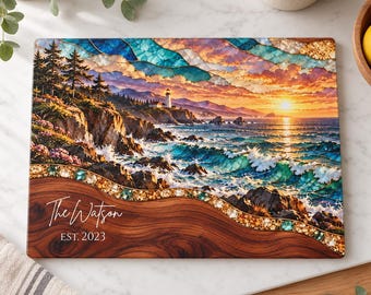 Personalized Lighthouse Glass Cutting Board, Family or Couple Name, Wedding Anniversary Housewarming Gift for Mom Grandma
