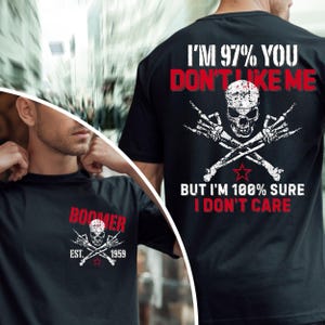 Camiseta personalizada para la generación Boomer con la frase "Estoy 97% seguro de que no te gusto", estilo vintage unisex.