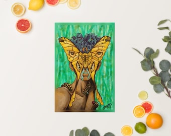 Impresión artística de cara de polilla: pintura surrealista abstracta, ambiente tropical, insectos coloridos y brillantes.