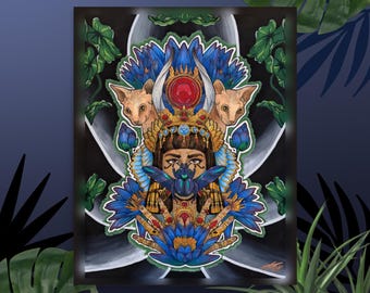 Impresión artística de loto egipcio: pintura surrealista de naturaleza, gato esfinge desnudo, colores oscuros