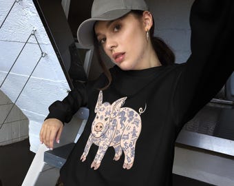 Suéter de cuello redondo con cerdito tatuado: ropa urbana moderna y única, ropa cómoda y abrigada.