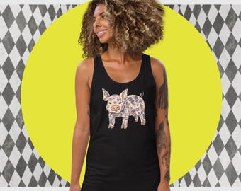 Camiseta sin mangas con cerdito tatuado: tela de algodón ultrasuave, diseño divertido, ideal para amantes de los animales.