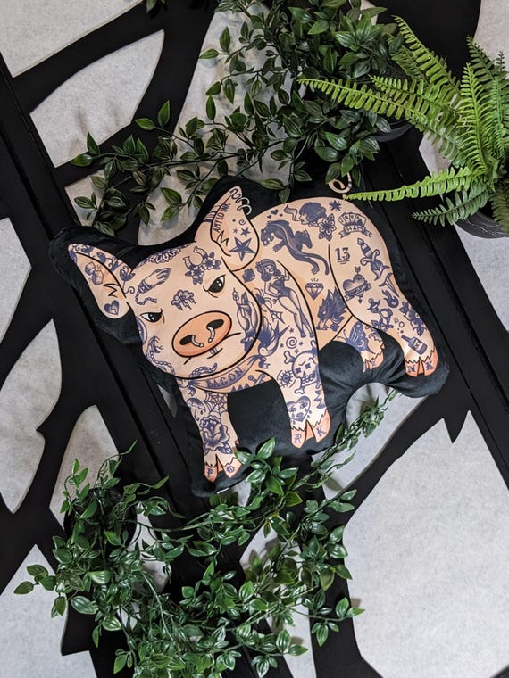 Tattooed Piggy Throw Pillow - Ultra Soft Minky Fabric, Premium Polyester Fiber Fill