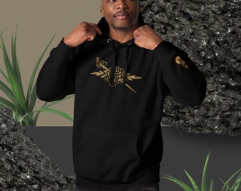 Sudadera con capucha y peonía bordada: diseño de espada dorada de lujo, elegante diseño floral con hojas.