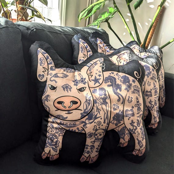Tattooed Piggy Throw Pillow - Ultra Soft Minky Fabric, Premium Polyester Fiber Fill