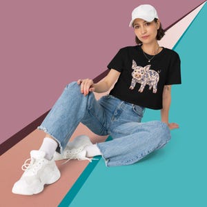 Tattooed Piggy Crop Top - Cute Cropped Tee, Funny Animal Design, Classic Black