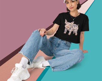 Top corto con cerdito tatuado: adorable camiseta corta con divertido diseño de animal, color negro clásico