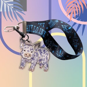 Tattooed Piggy Acrylic Charm Lanyard - Pig Keychain Accessory, Secure Wrist Strap