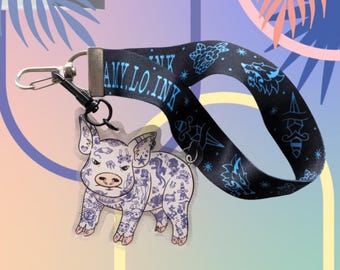 Cordón acrílico con dije de cerdito tatuado - Accesorio para llavero de cerdo, correa de muñeca segura
