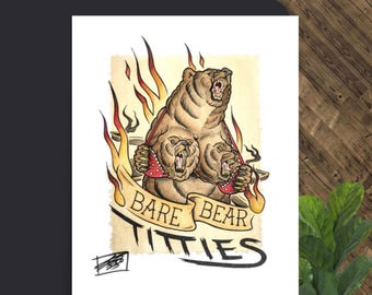 Lámina artística de oso despeinado: chiste divertido, diseño original pintado a mano por un artista del tatuaje.