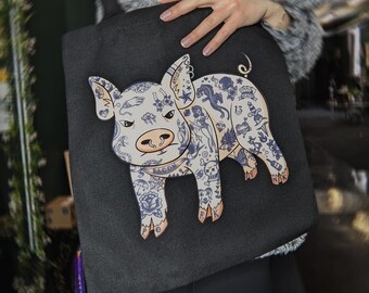 Bolso de mano con diseño de cerdito tatuado, correas negras para el hombro, diseño de cerdo punk, regalo para artistas.