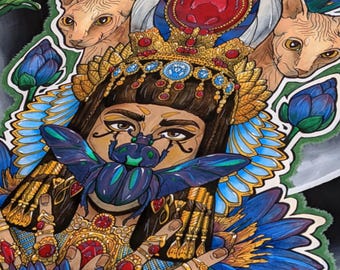 Mini lámina de loto egipcio: decoración única para el hogar, póster de obra de arte pequeña, gato desnudo