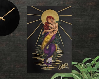 Lámina de Lamia: obra de arte gótica oscura y misteriosa, mitología griega, figura femenina.
