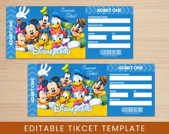 Redigerbar Disneyland-biljettmall, avslöjande av överraskningsresa (PDF, PNG, Canva-redigering)