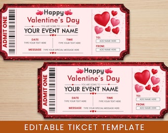 Mall för alla hjärtans dag-biljett, redigerbar Canva Love-kupong (digital nedladdning 7x3 tum)