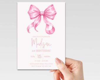 Inbjudan till 1-årsdag med rosa rosett, festkort för babyflicka (Canva-mall)